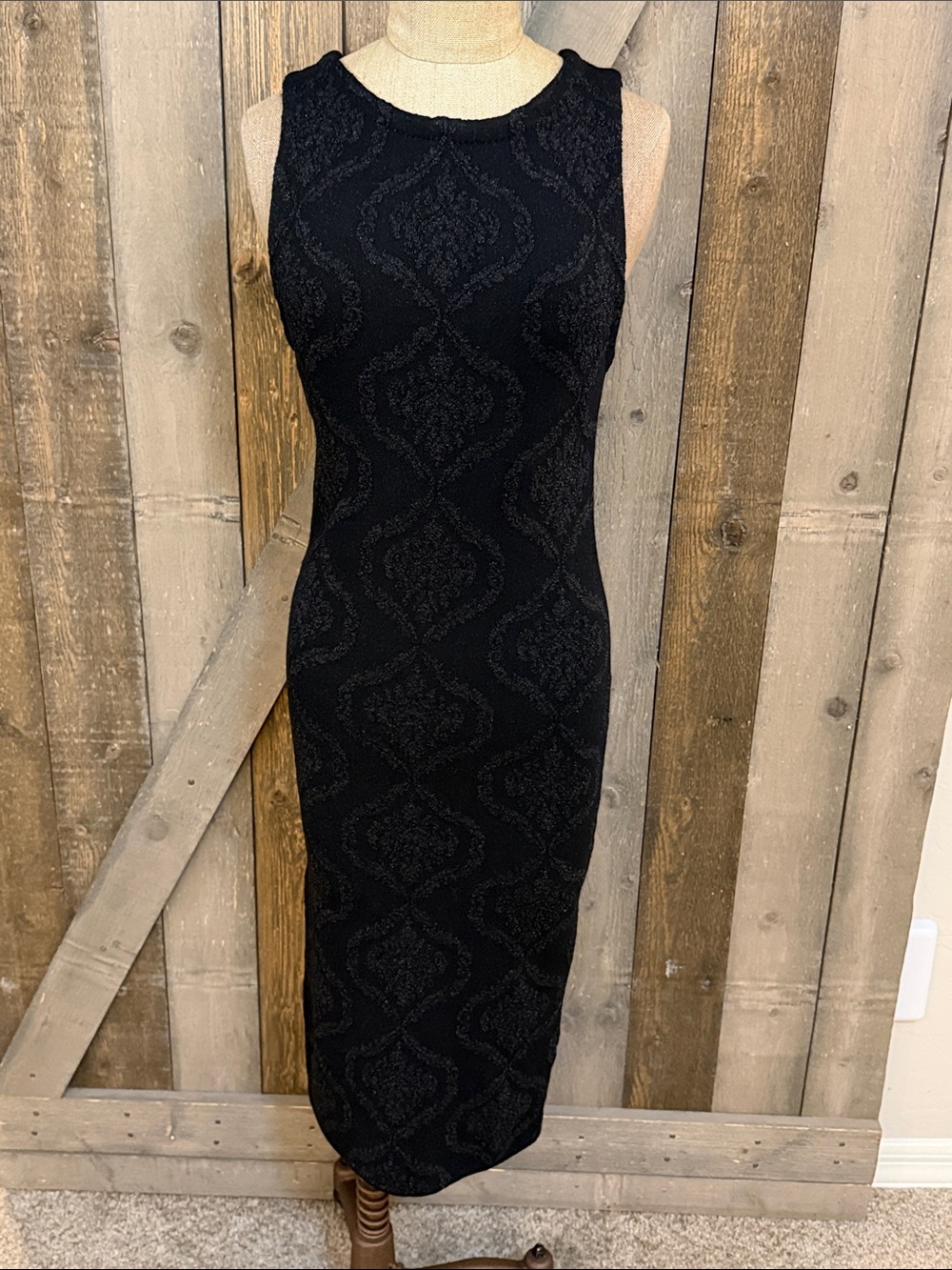 Alice + Olivia Penley Black Metallic Lurex Jacquard Bodycon Midi Dress Party Med
